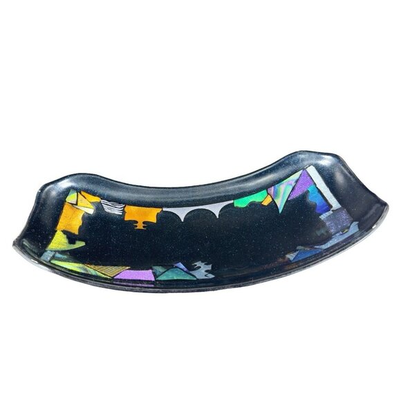 Hand Made Dichroic Art Glass Fused Iridescent Finish Curved Footed Bowl Dish VTG - Picture 6 of 16